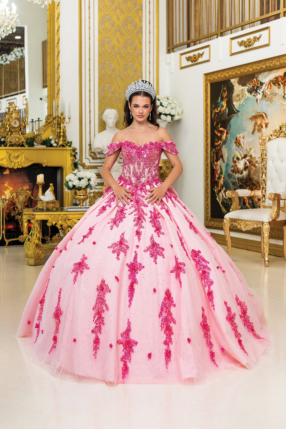 Dancing Queen 5042 - Off-Shoulder 3D Floral Ballgown In Pink