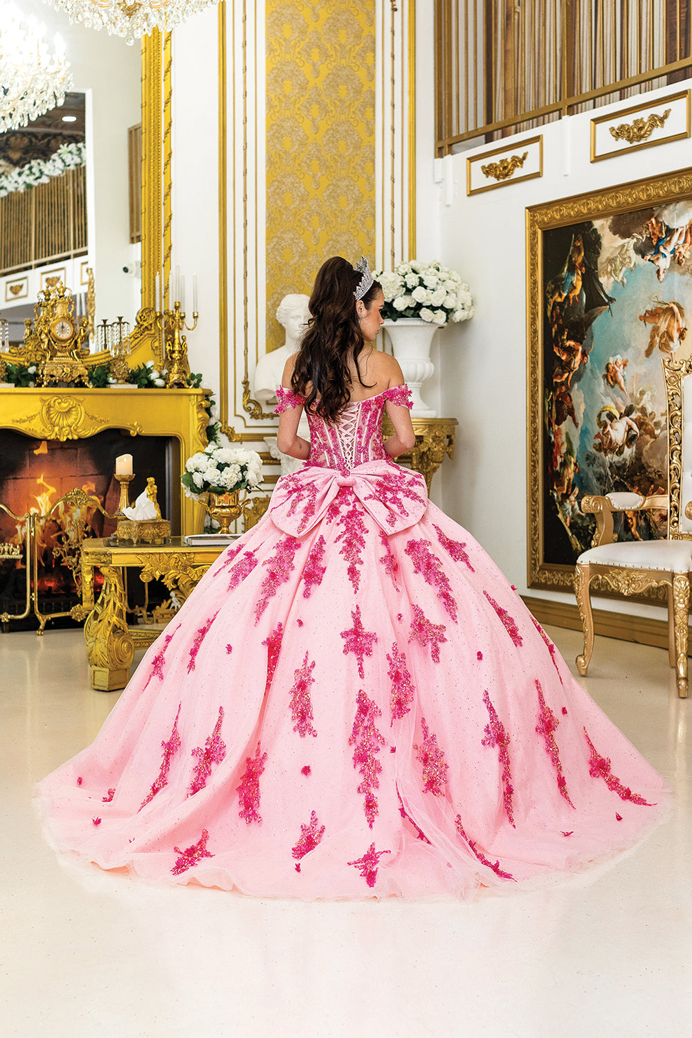 Dancing Queen 5042 - Off-Shoulder 3D Floral Ballgown In Pink