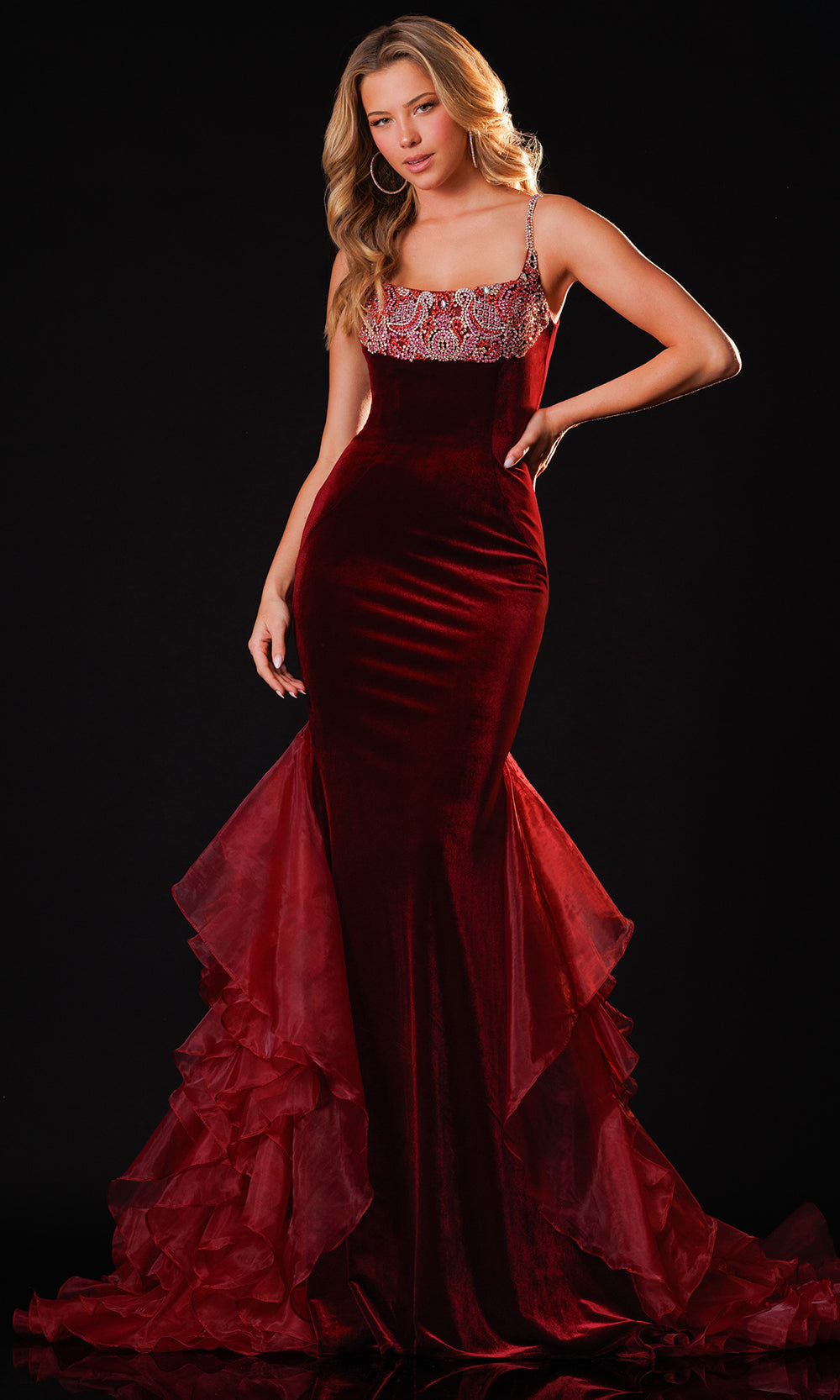 Rachel Allan 50421 - Sleeveless Scoop Velvet Mermaid Gown Evening Dresses in Red Multi   