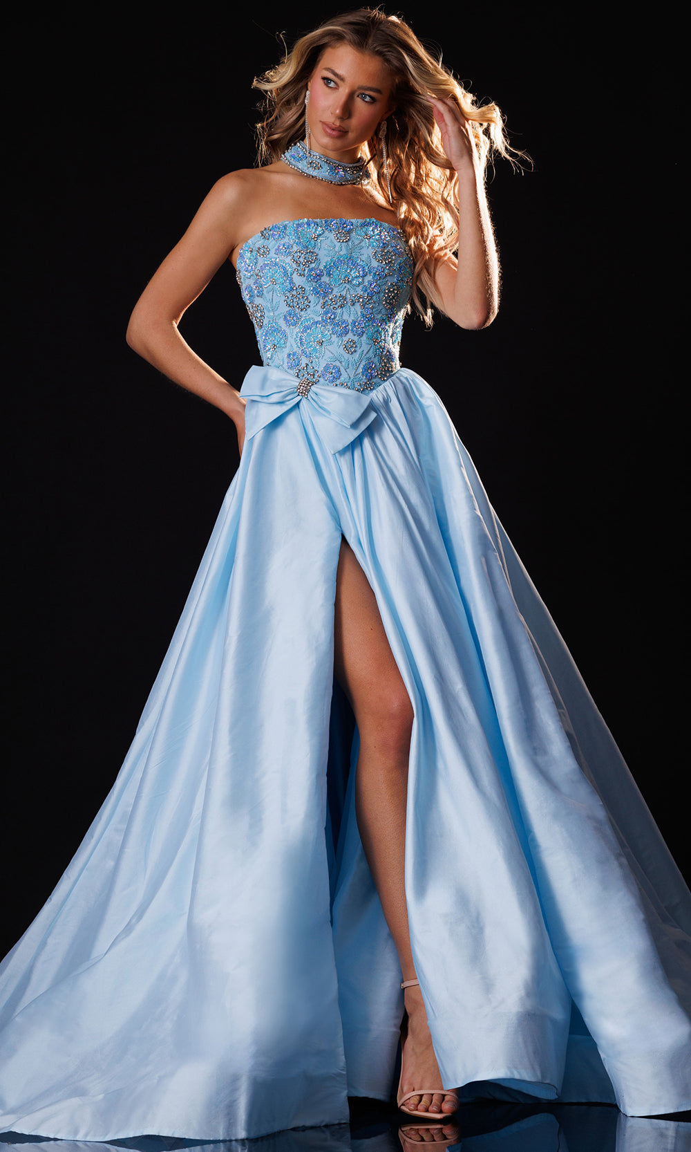 Rachel Allan 50423 - Bow Accent Strapless Ballgown with Slit Ball Gowns in Blue    