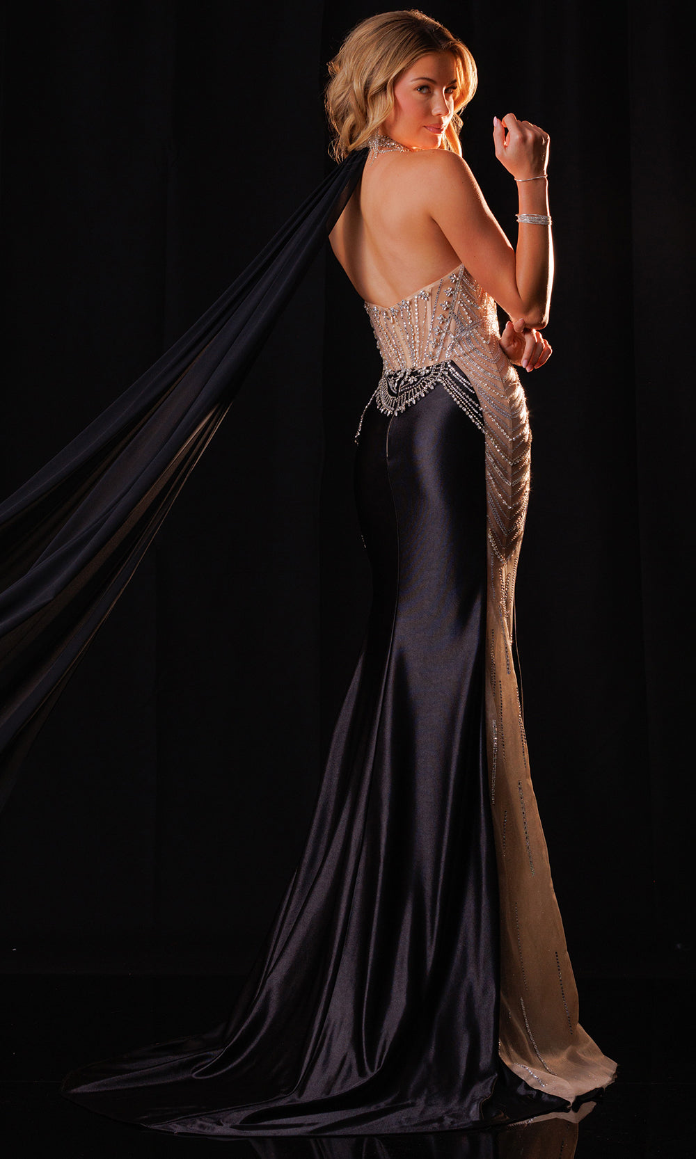 Rachel Allan 50425 - Beaded Illusion Bodice Halter Sheath Gown Prom Dresses in Black Nuetral   