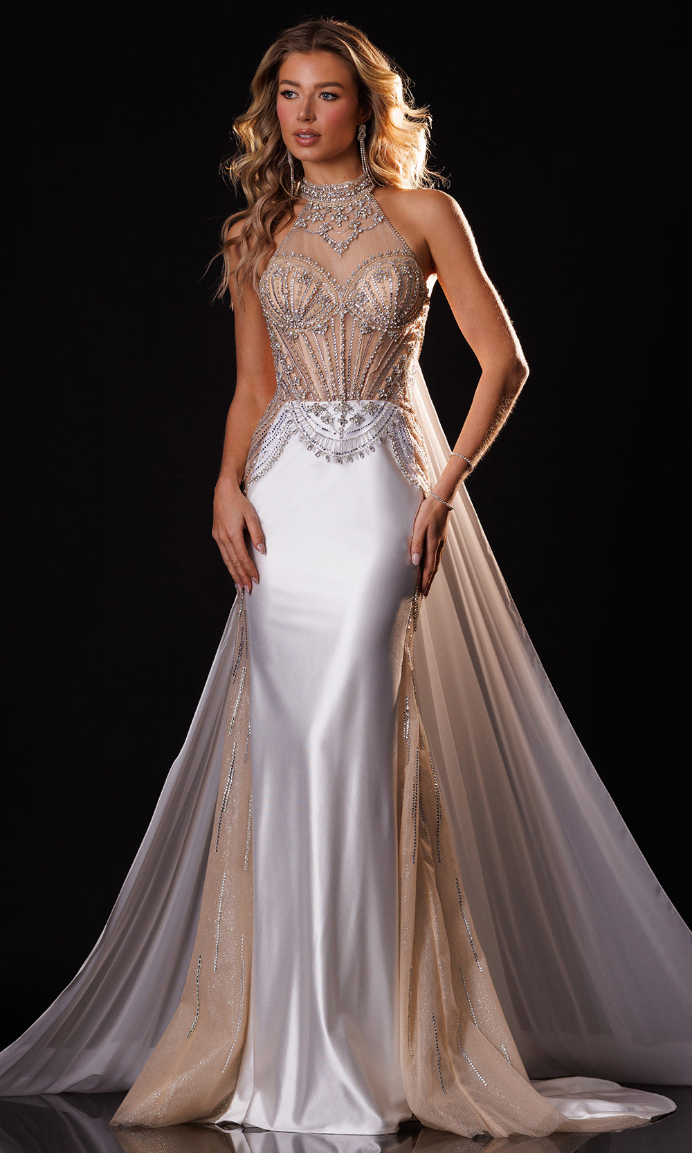 Rachel Allan 50425 - Beaded Illusion Bodice Halter Sheath Gown Prom Dresses in White Nuetral   