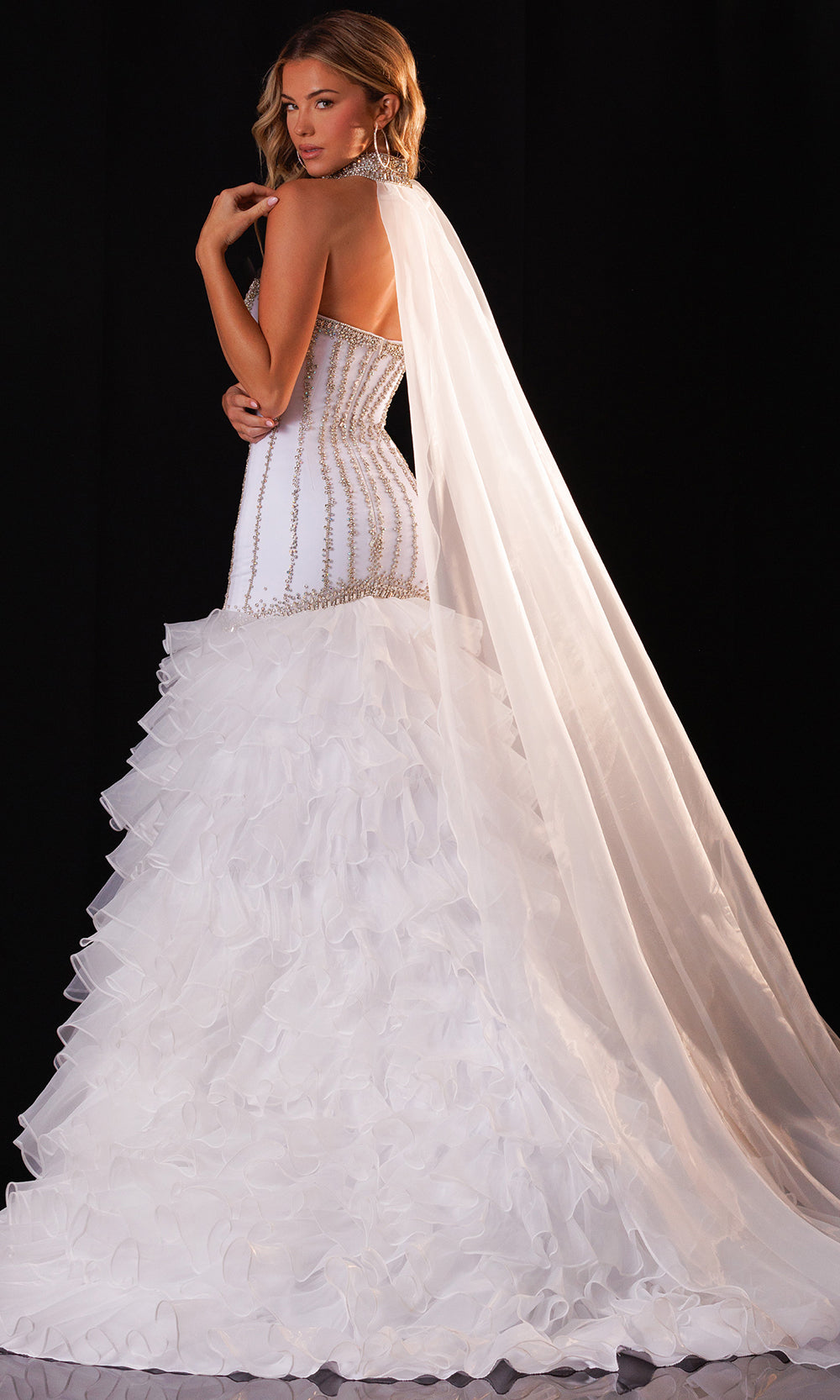 Rachel Allan 50429 - Ruffle Skirt Crystal Embellished Gown Pageant Dresses in White Silver   