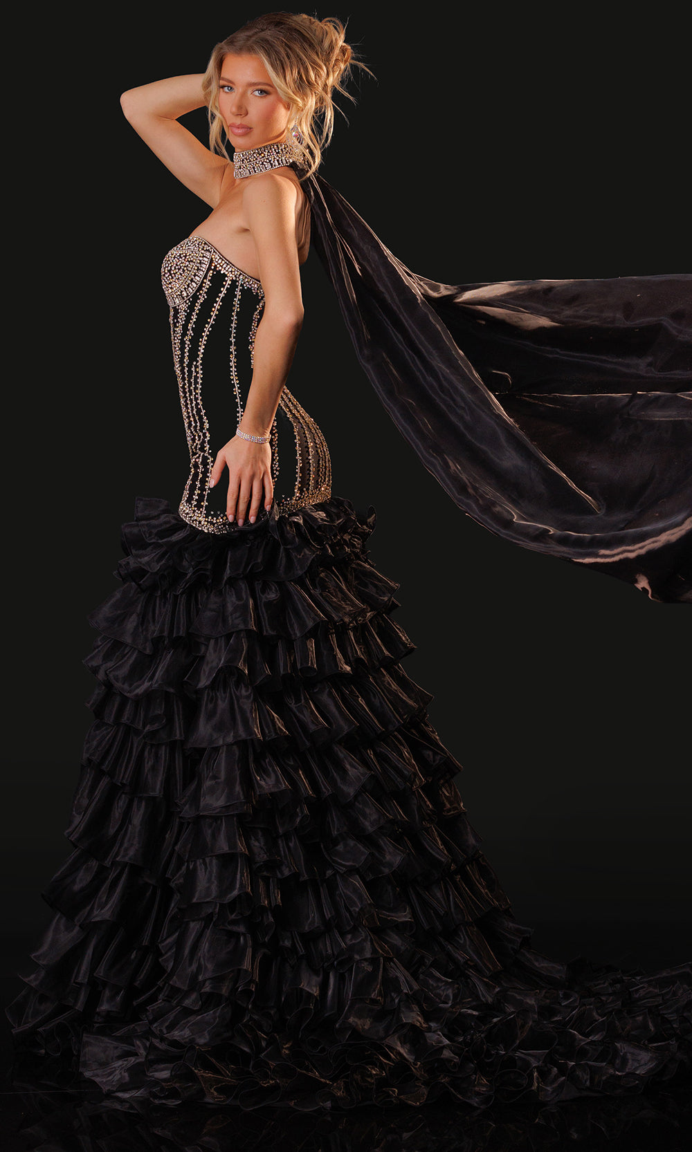 Rachel Allan 50429 - Ruffle Skirt Crystal Embellished Gown Pageant Dresses in Black Silver   