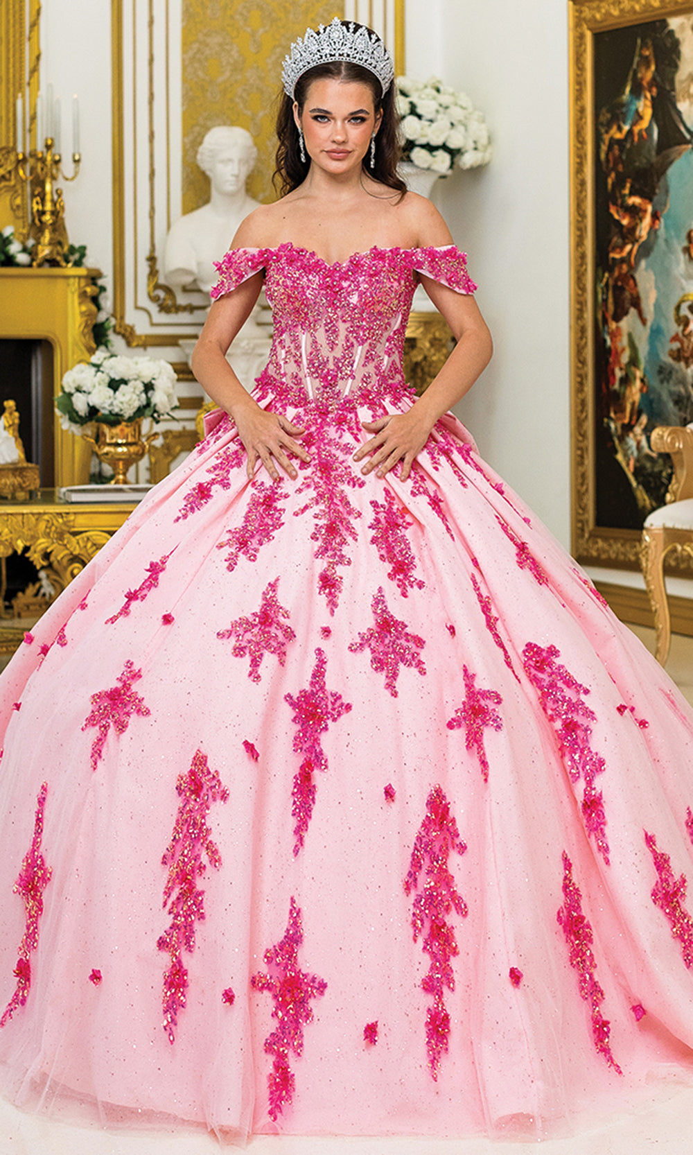 Dancing Queen 5042 - Off-Shoulder 3D Floral Glitter Ballgown Quinceanera Dresses