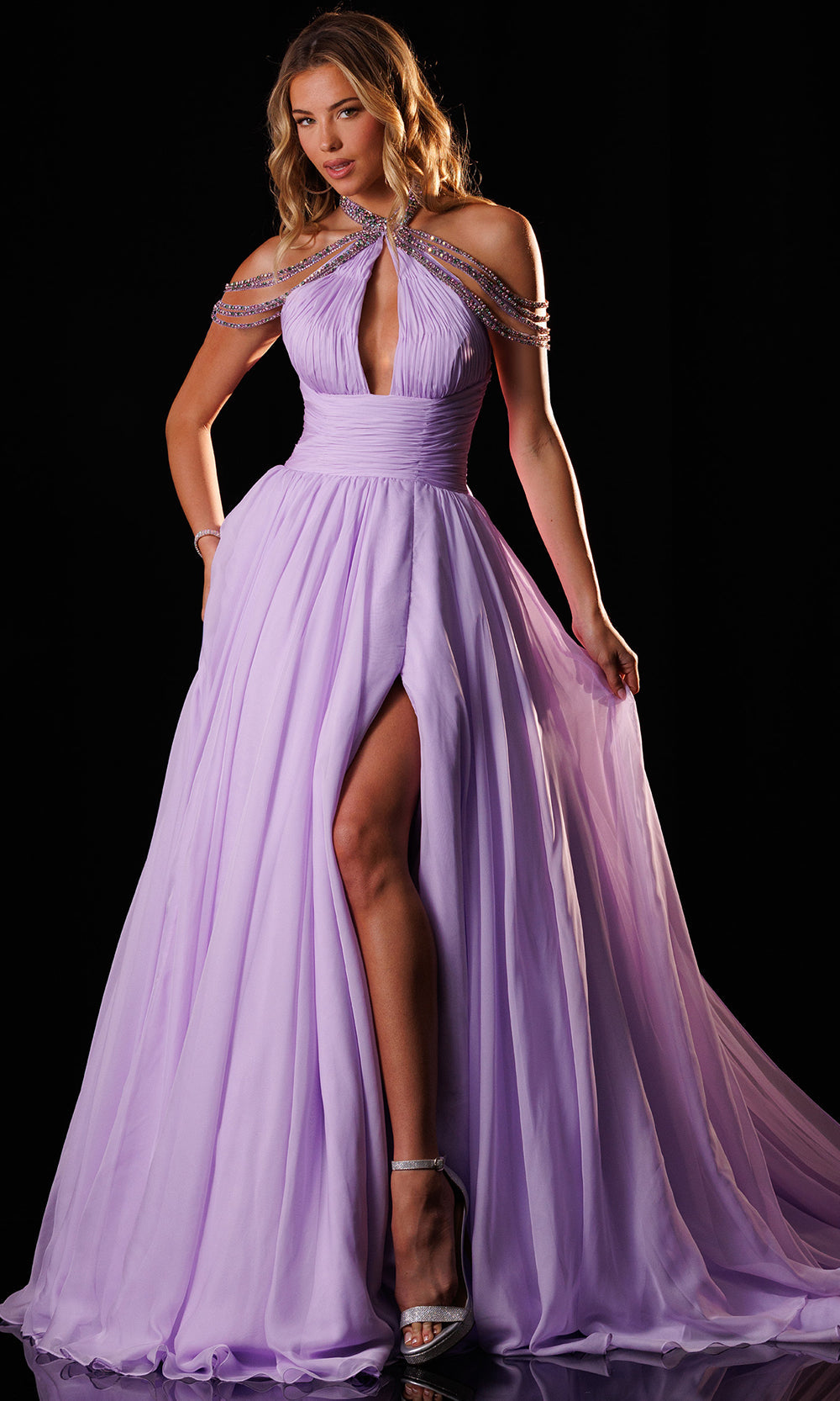 Rachel Allan 50430 - Beaded Shoulder Drape A-Line Chiffon Gown Prom Dresses in Purple Multi   