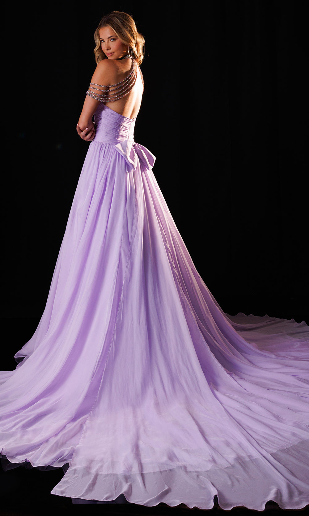 Rachel Allan 50430 - Beaded Shoulder Drape A-Line Chiffon Gown Prom Dresses in Purple Multi   
