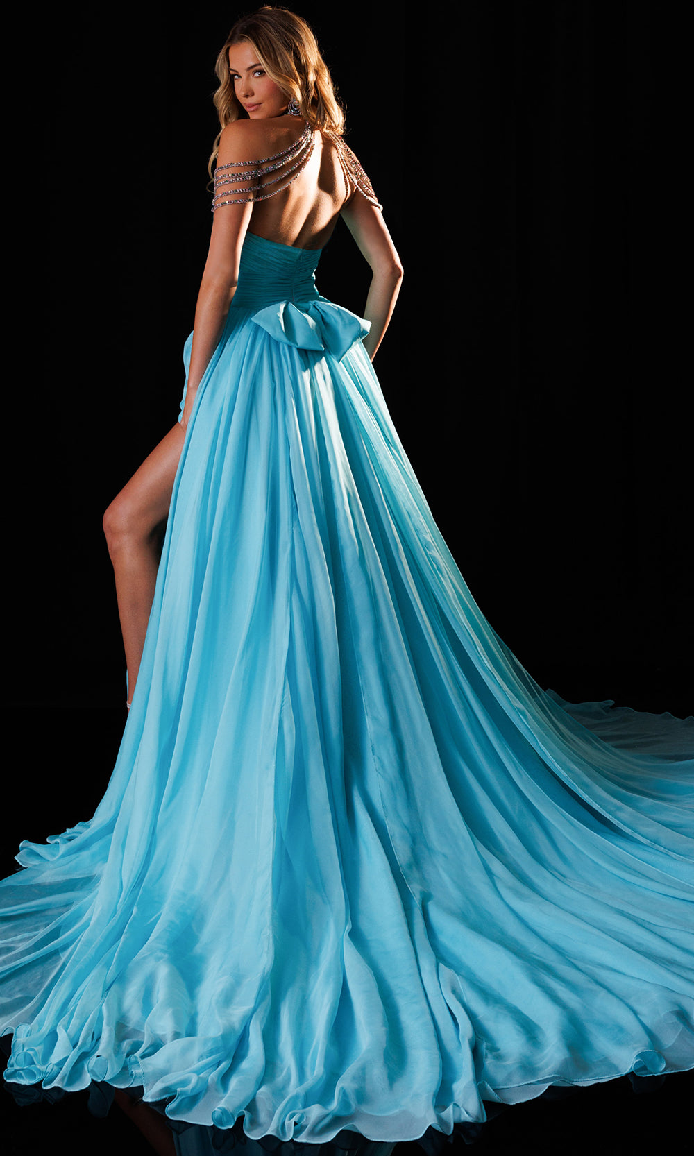 Rachel Allan 50430 - Beaded Shoulder Drape A-Line Chiffon Gown Prom Dresses in Blue Multi   