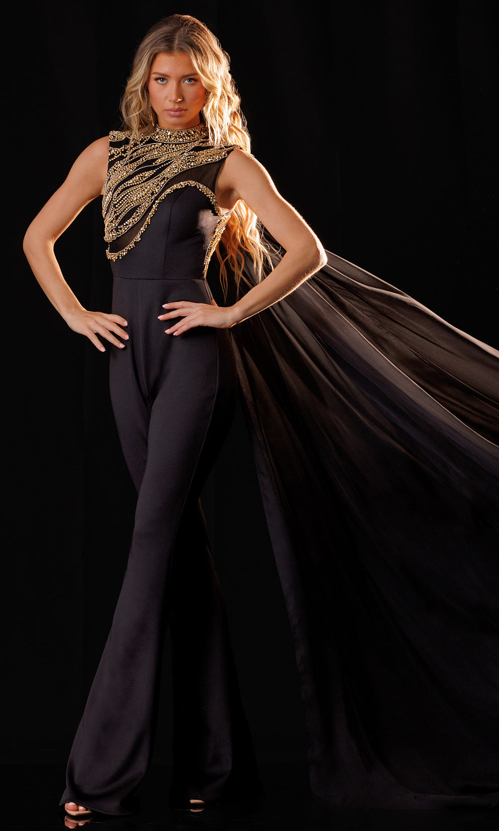 Rachel Allan 50432 - Cape Train Embellished Jumpsuit Formal Pantsuits in Black Gold   