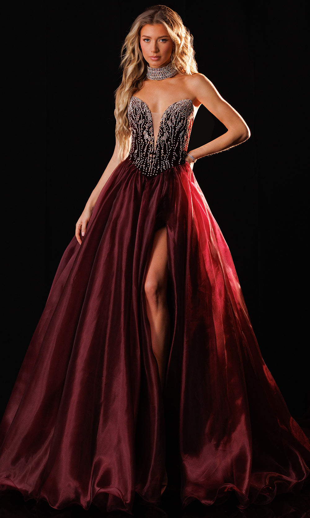 Rachel Allan 50434 - Plunging Neck Organza Ballgown with Choker Ball Gowns in Red    