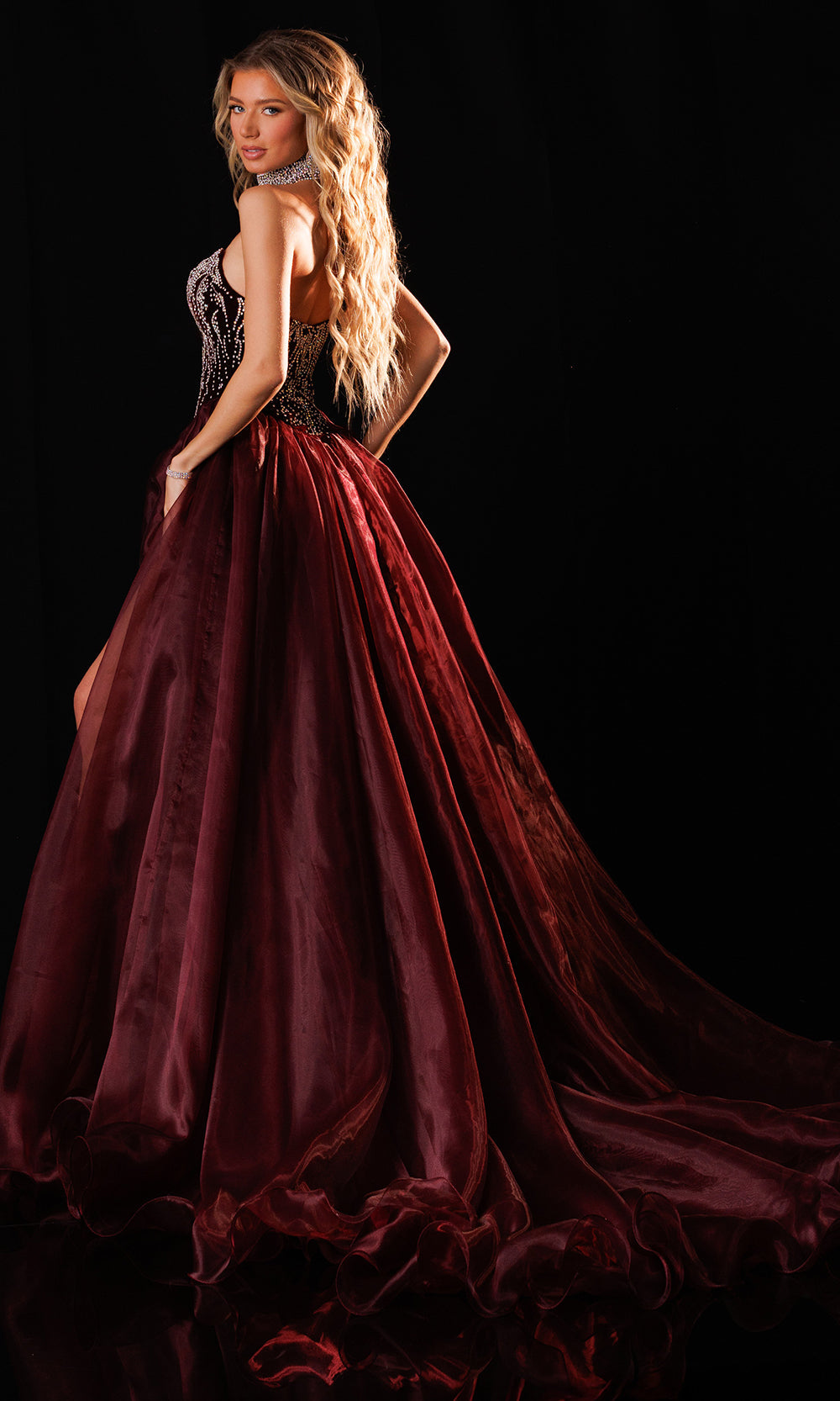 Rachel Allan 50434 - Plunging Neck Organza Ballgown with Choker Ball Gowns in Red    