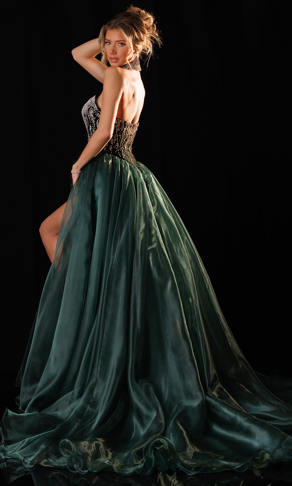 Rachel Allan 50434 - Plunging Neck Organza Ballgown with Choker Ball Gowns in Green    