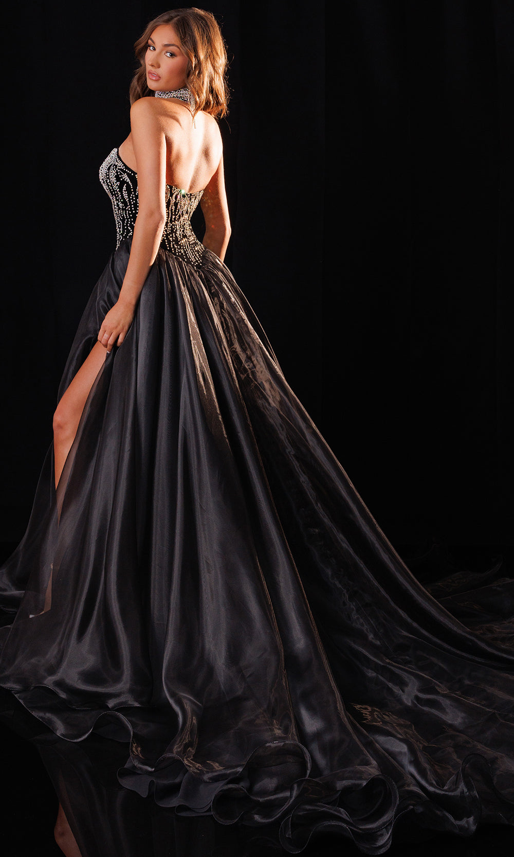 Rachel Allan 50434 - Plunging Neck Organza Ballgown with Choker Ball Gowns in Black    