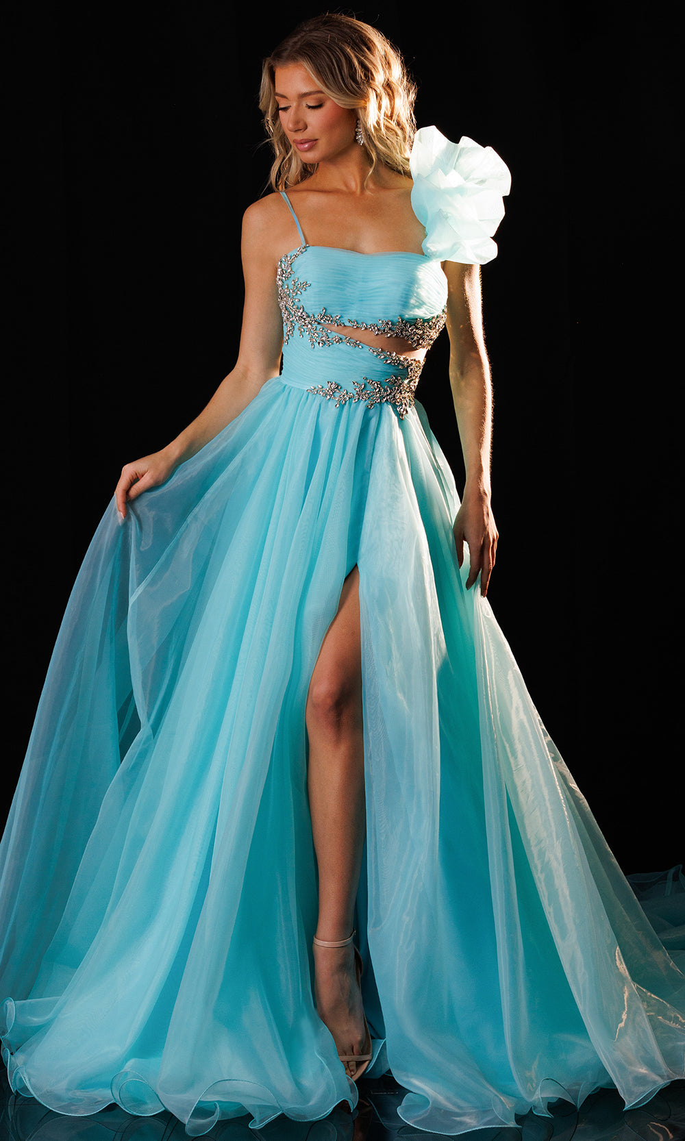 Rachel Allan 50437 - One Shoulder Ruffle Organza Gown Prom Dresses in Blue    