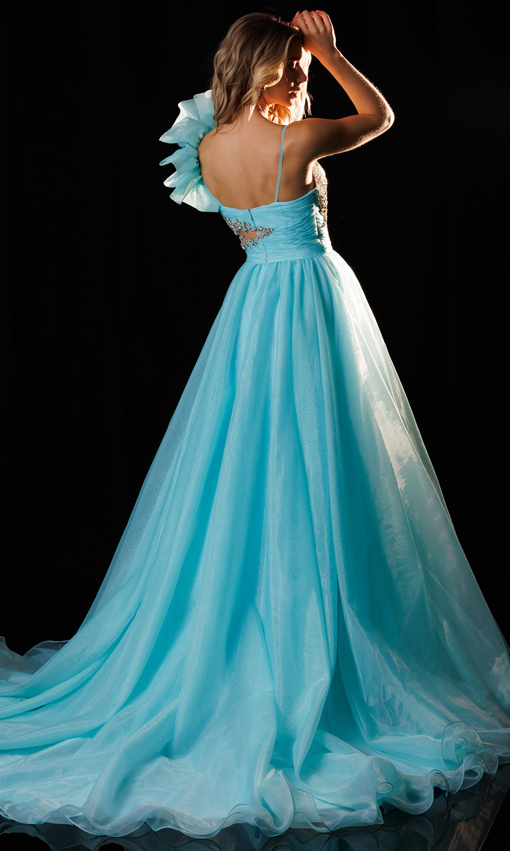 Rachel Allan 50437 - One Shoulder Ruffle Organza Gown Prom Dresses in Blue    