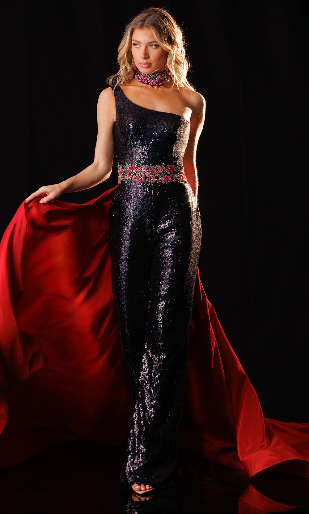 Rachel Allan 50438 - Sequin Embellished One Shoulder Jumpsuit Formal Pantsuits in Red Black   
