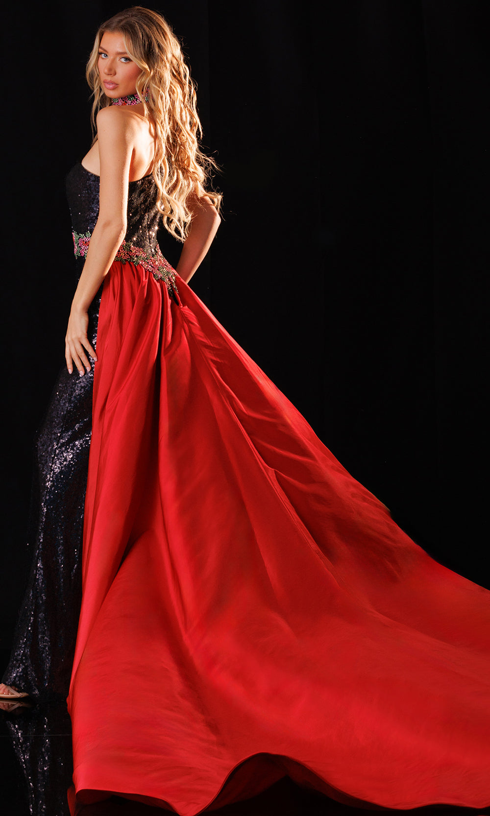 Rachel Allan 50438 - Sequin Embellished One Shoulder Jumpsuit Formal Pantsuits in Red Black   