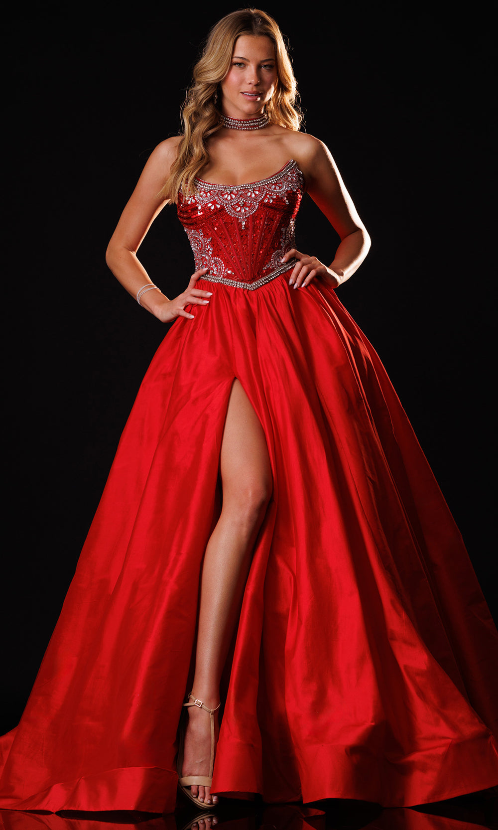 Rachel Allan 50439 - Strapless Crystal Applique Ballgown Ball Gowns in Red    