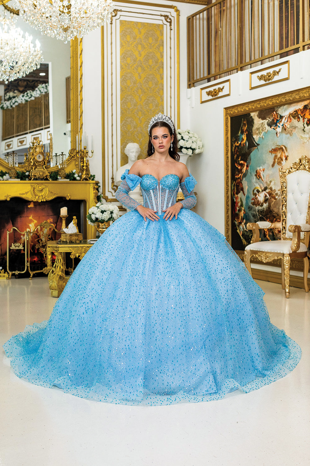 Dancing Queen 5044 - Bow Accent Glitter Princess Ballgown In Blue