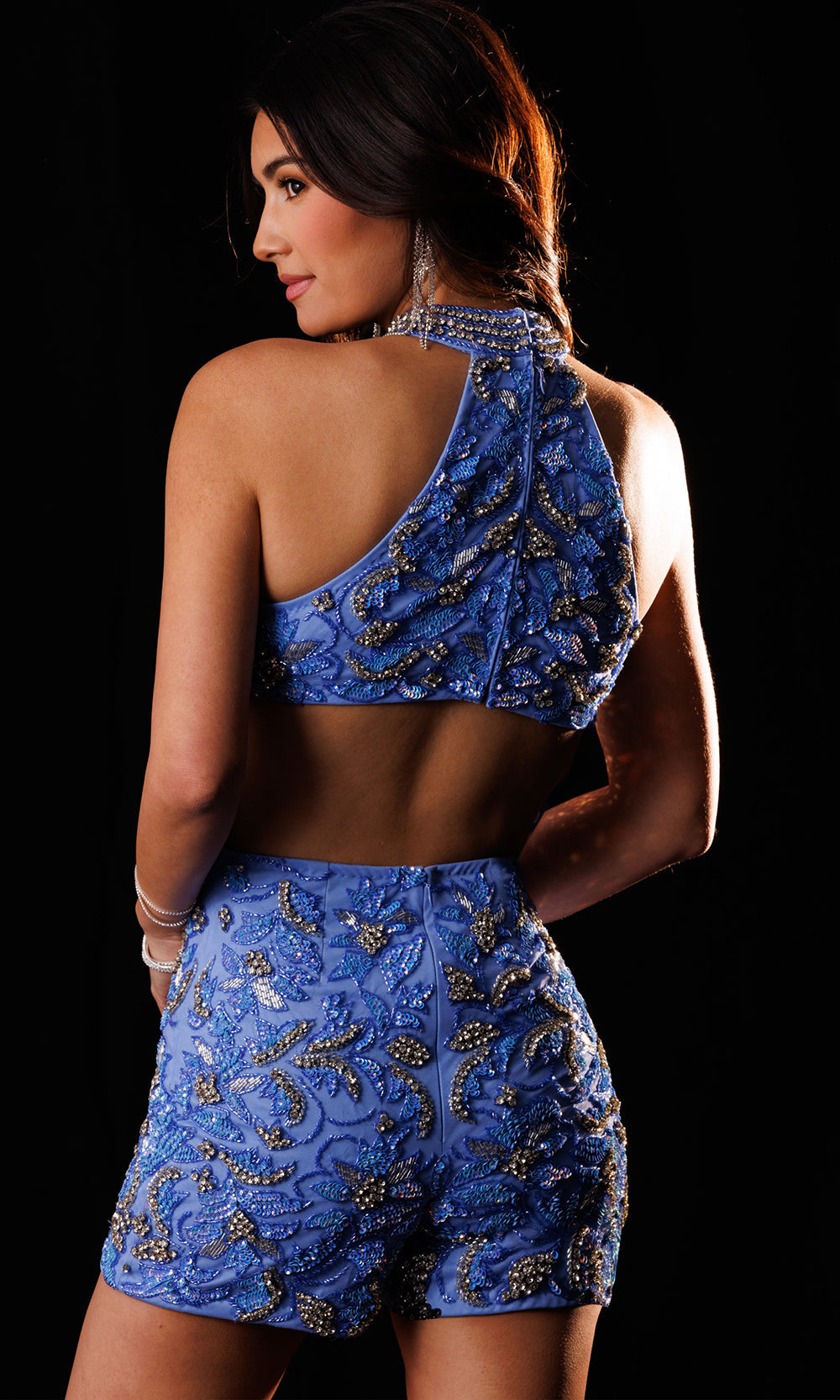 Rachel Allan 50441 - Halter Embellished Romper with Overskirt Prom Dresses in Blue    