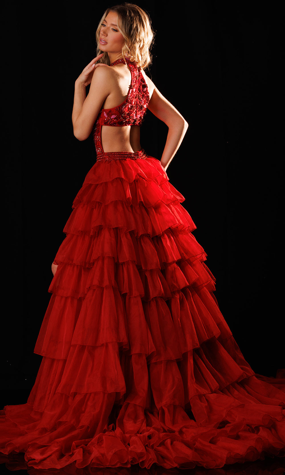 Rachel Allan 50441 - Halter Embellished Romper with Overskirt Prom Dresses in Pink Red   