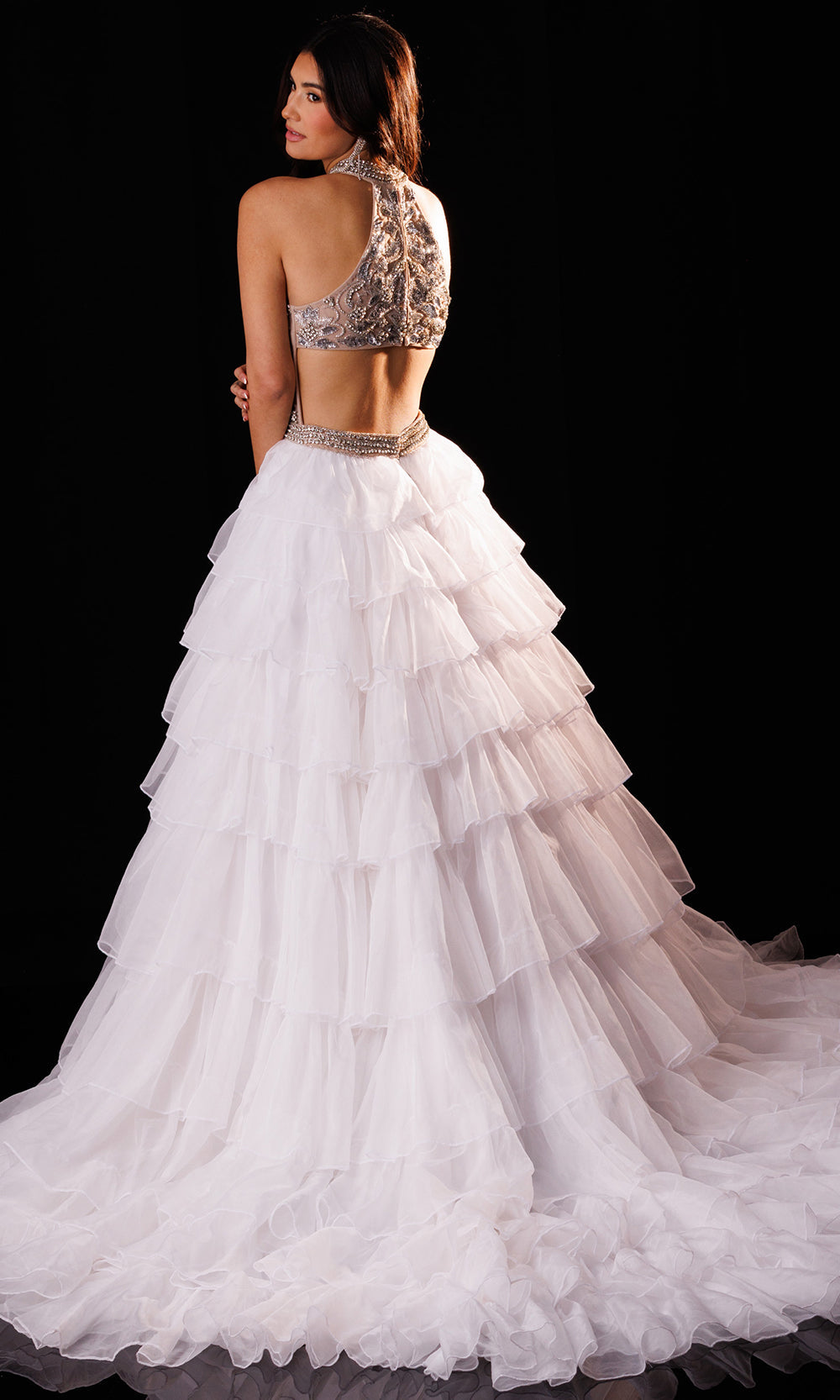 Rachel Allan 50441 - Halter Embellished Romper with Overskirt Prom Dresses in Neutral White   