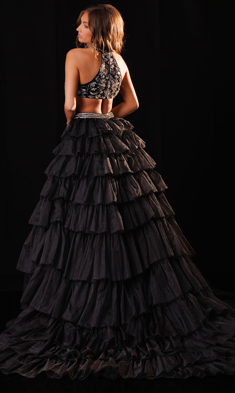 Rachel Allan 50441 - Halter Embellished Romper with Overskirt Prom Dresses in Black    