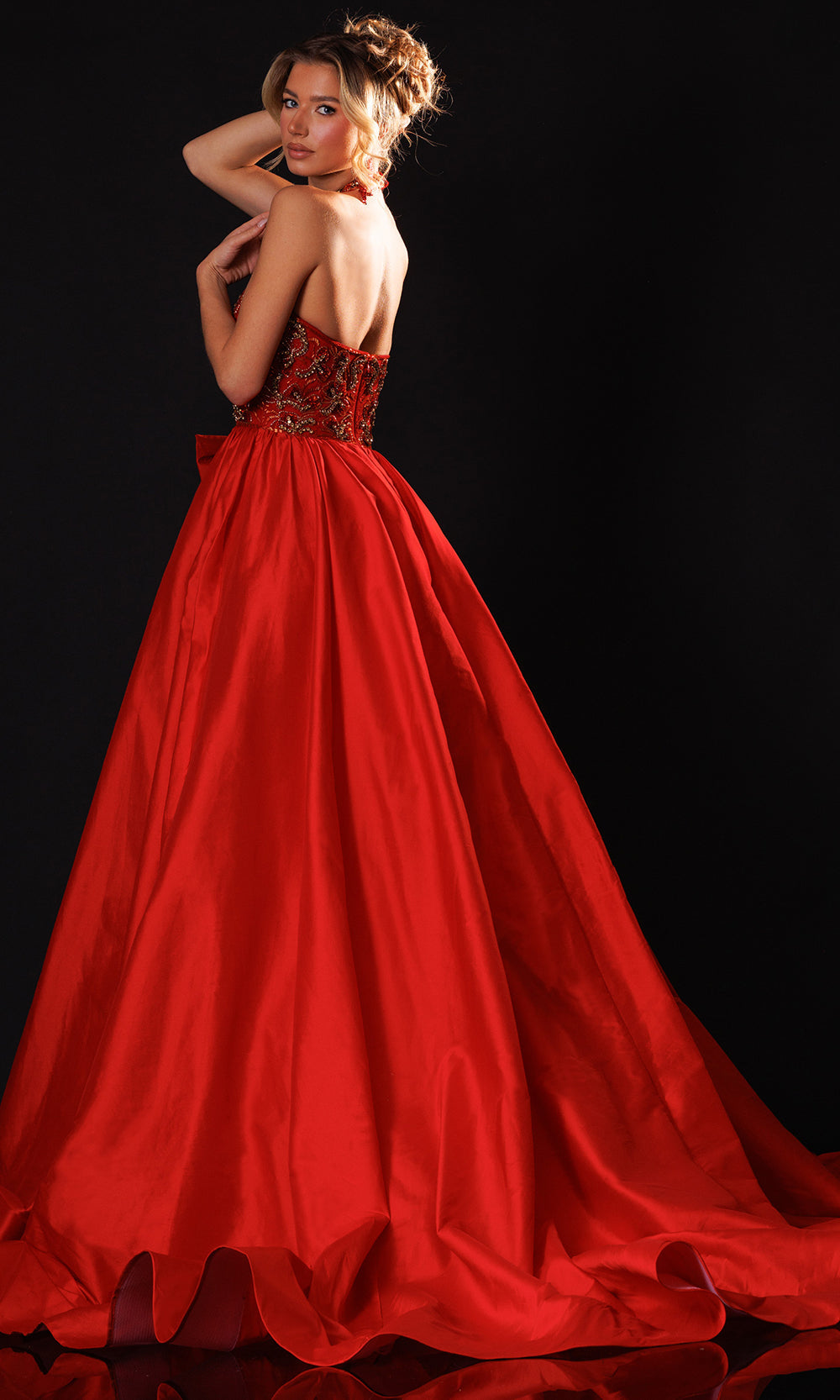 Rachel Allan 50447 - Beaded Applique Sleeveless Halter Ballgown Ball Gowns in Red    