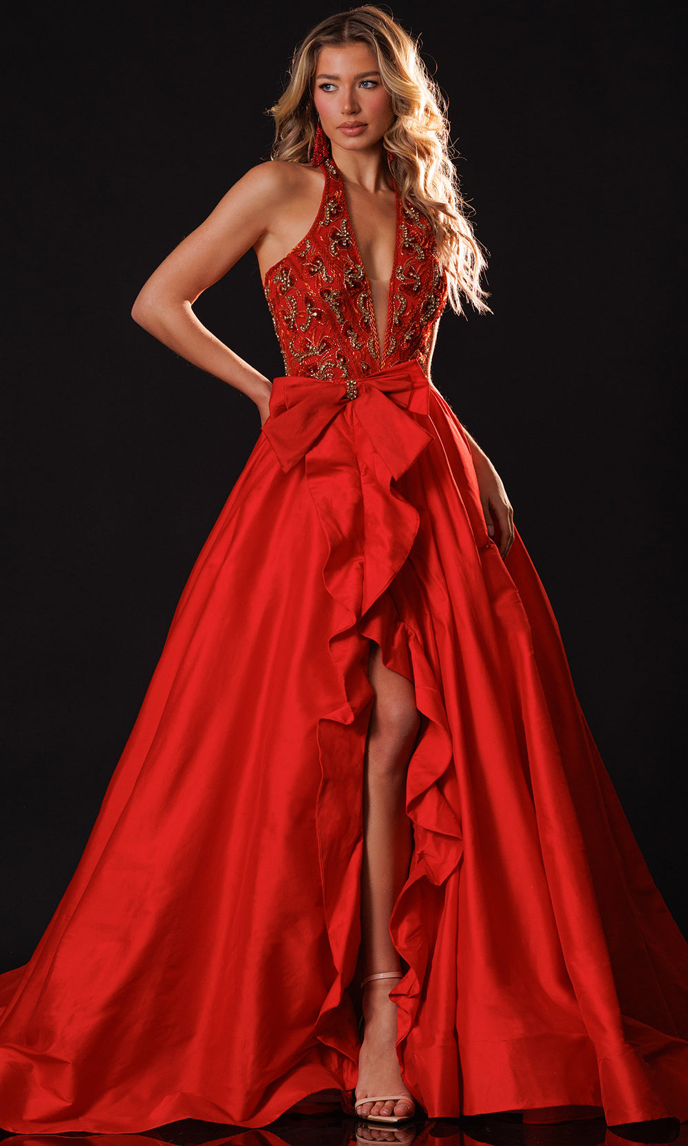 Rachel Allan 50447 - Beaded Applique Sleeveless Halter Ballgown Ball Gowns in Red    