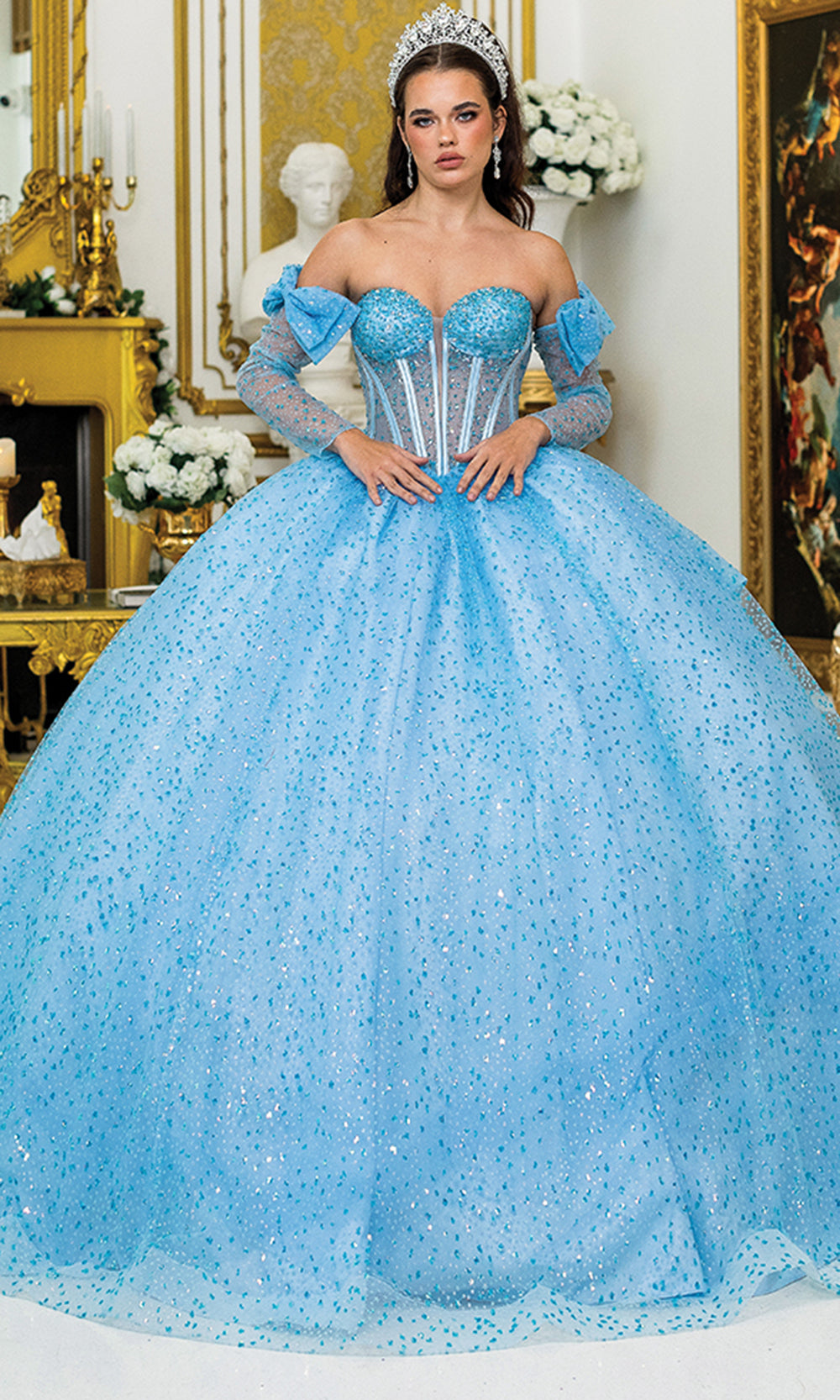 Dancing Queen 5044 - Bow Accent Glitter Quinceanera Ballgown Quinceanera Dresses