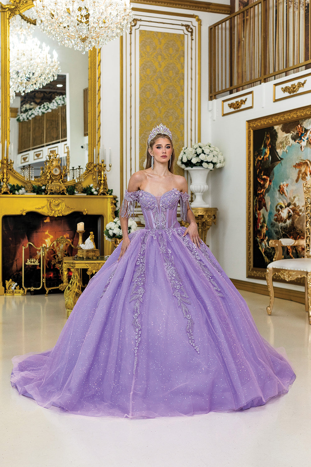 Dancing Queen 5045 - Glittered Floral Embroidered Ballgown In Purple
