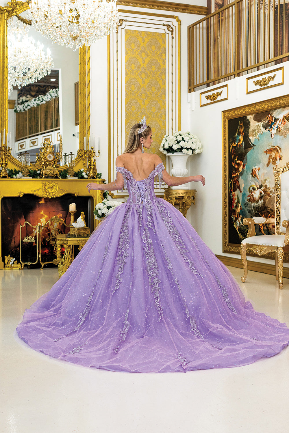 Dancing Queen 5045 - Glittered Floral Embroidered Ballgown In Purple