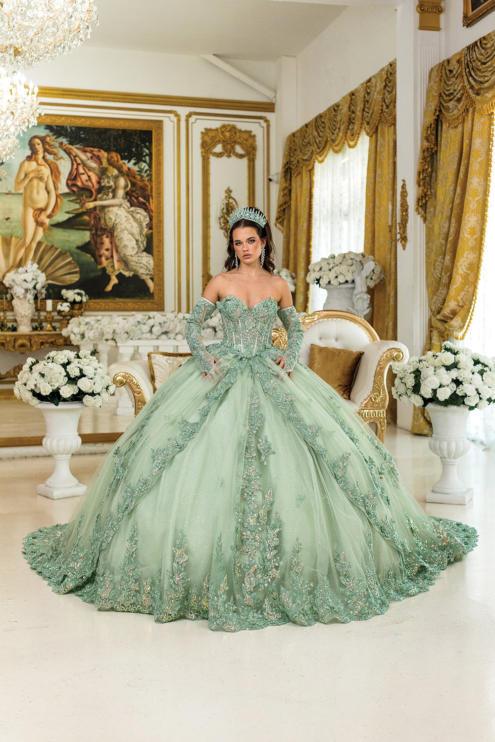 Dancing Queen 5047 - Embroidered Lace Princess Ballgown In Green