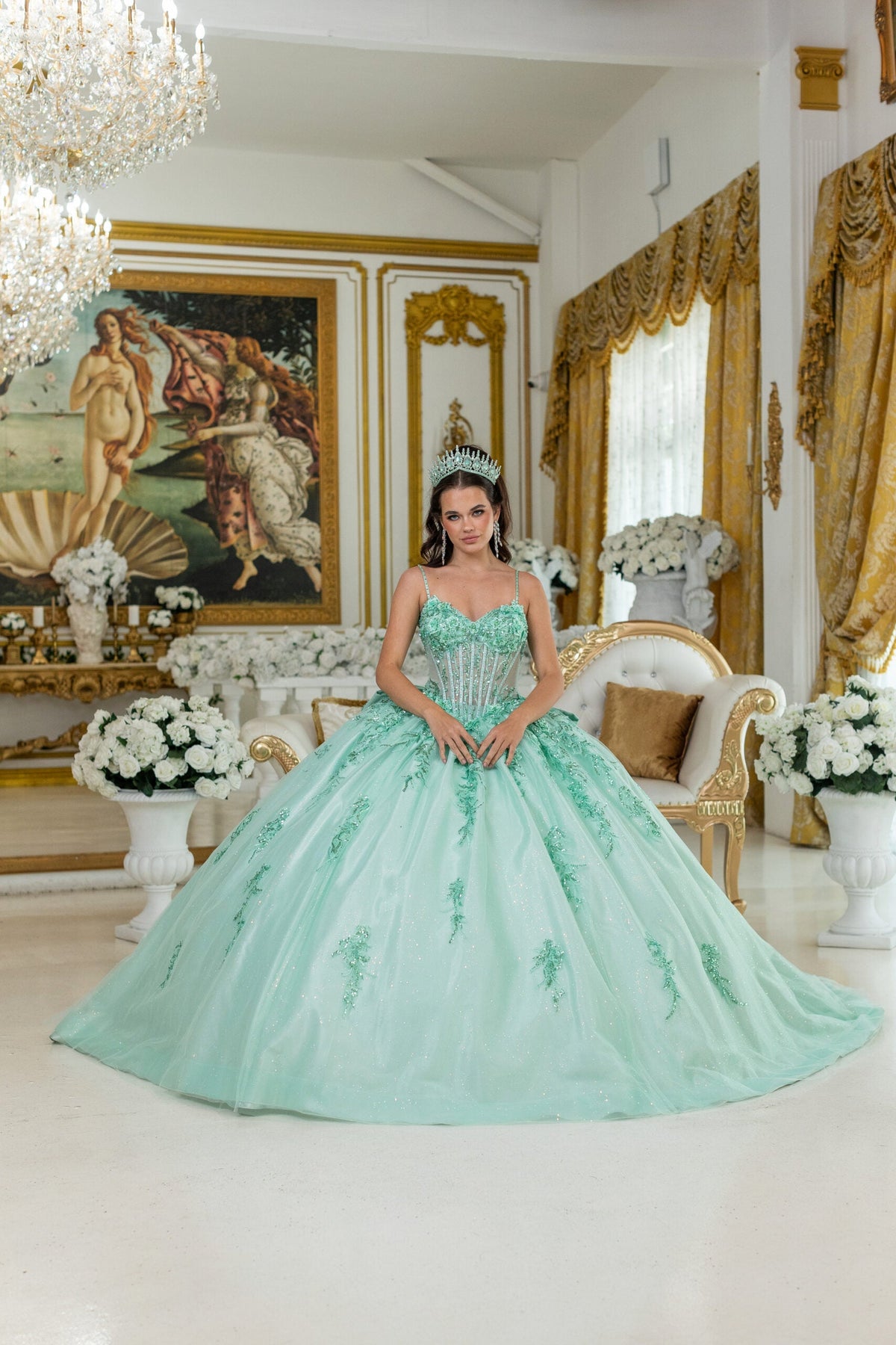 Dancing Queen 5049 - Corset Floral Embroidered Ballgown In Green