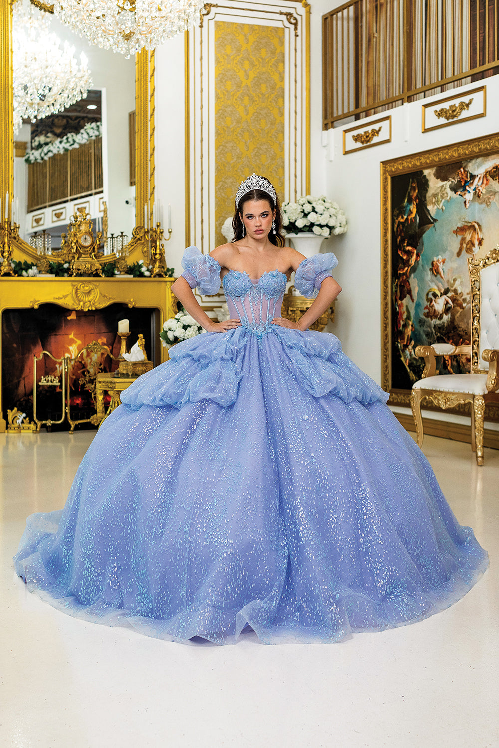 Dancing Queen 5050 - Puffy Off Shoulder Sleeves Glitter Ballgown In Blue