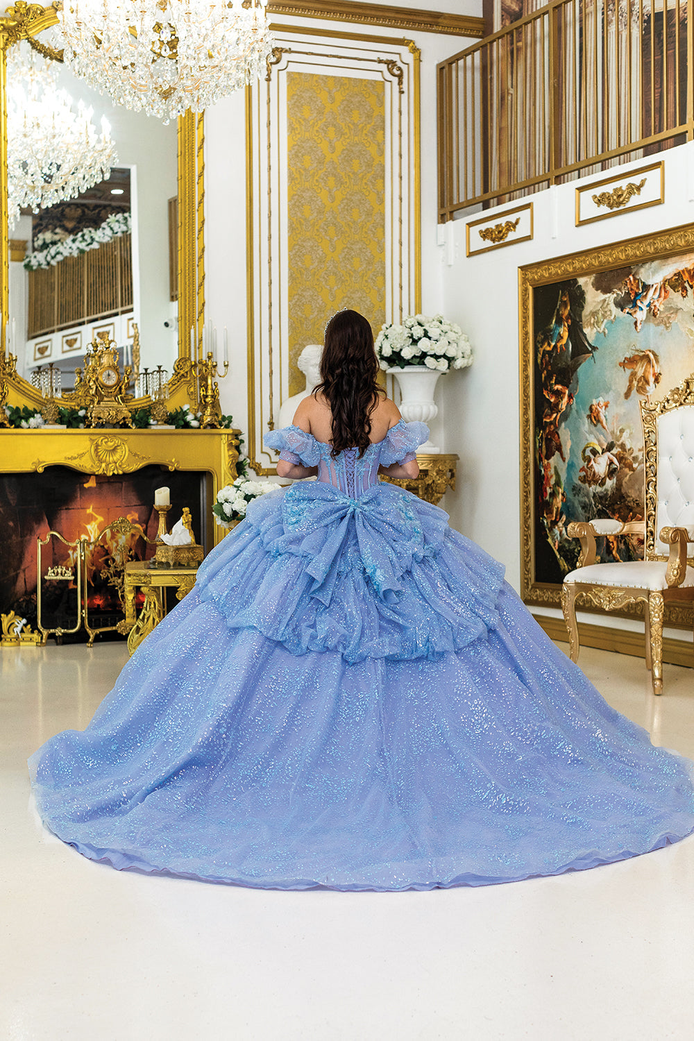 Dancing Queen 5050 - Puffy Off Shoulder Sleeves Glitter Ballgown In Blue