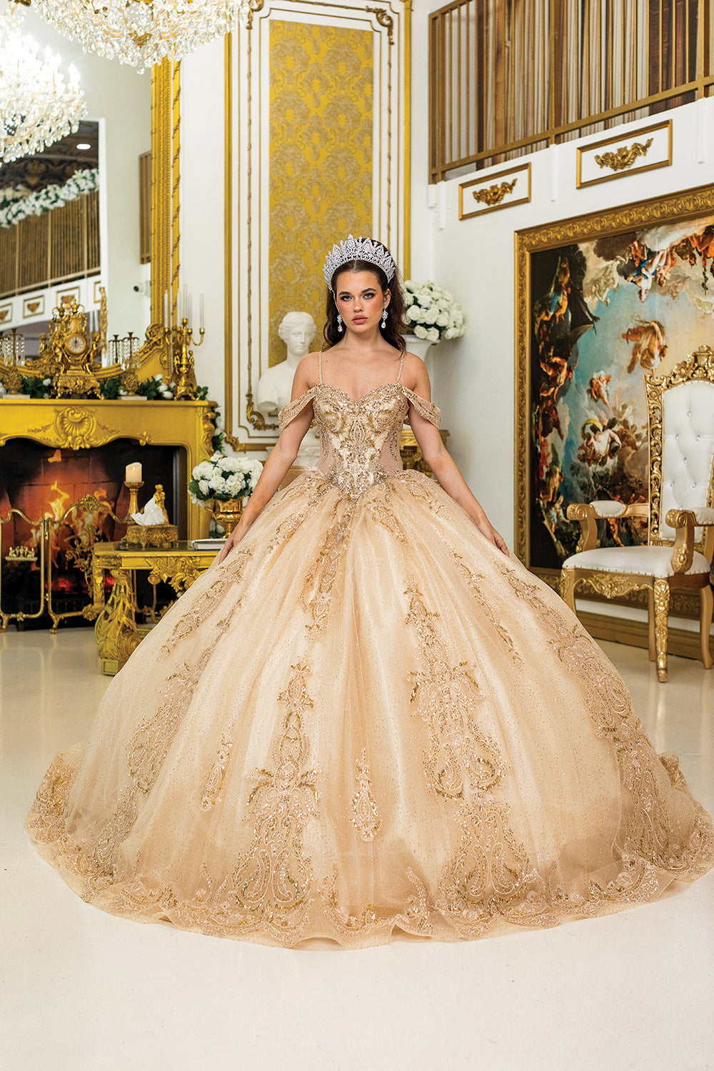 Dancing Queen 5052 - Lace Appliques Glitter Tulle Ballgown In Gold