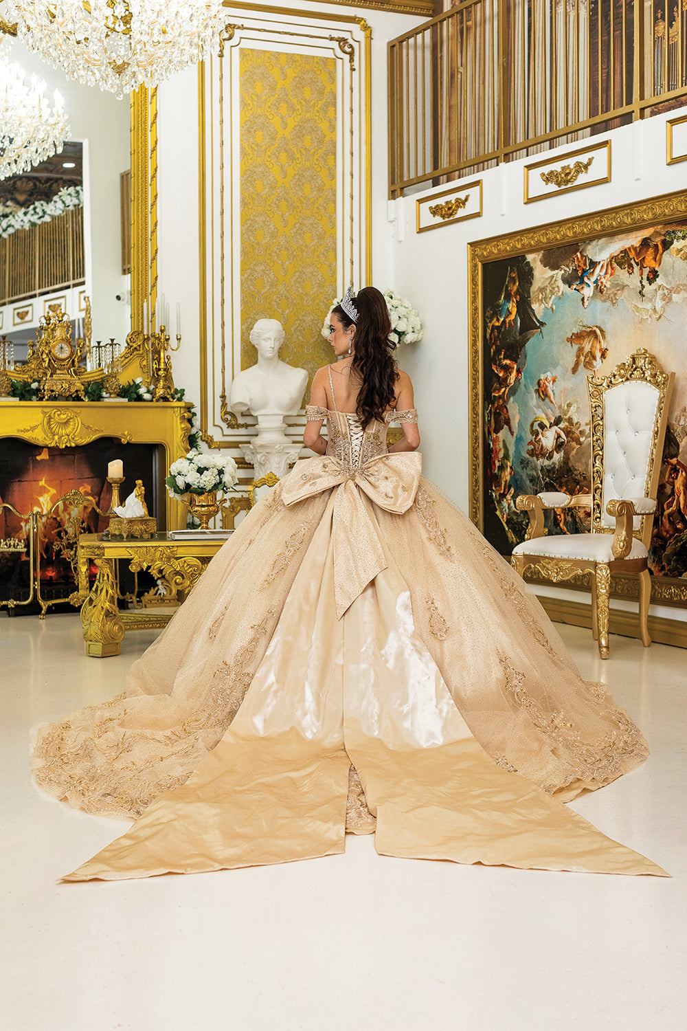 Dancing Queen 5052 - Lace Appliques Glitter Tulle Ballgown In Gold
