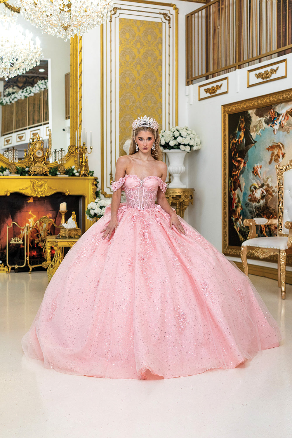 Dancing Queen 5056 - Layered Glitter Tulle Ballgown In Pink