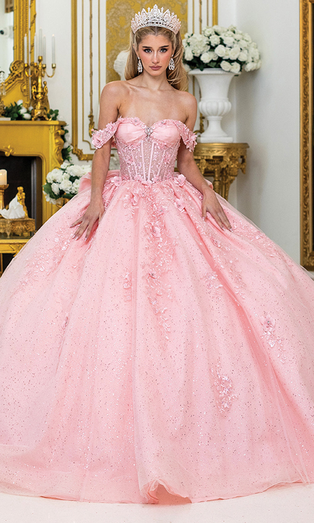 Dancing Queen 5056 - Glitter Floral Appliqued Ballgown Quinceanera Dresses