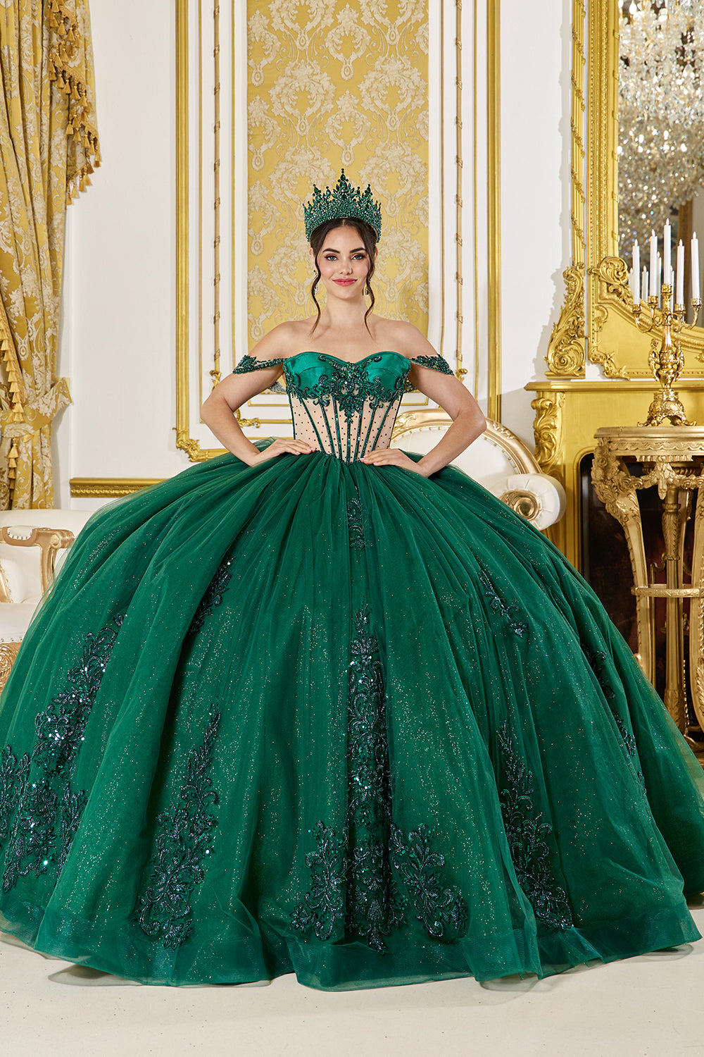 Dancing Queen 5059 - Beaded Illusion Corset Ballgown In Green