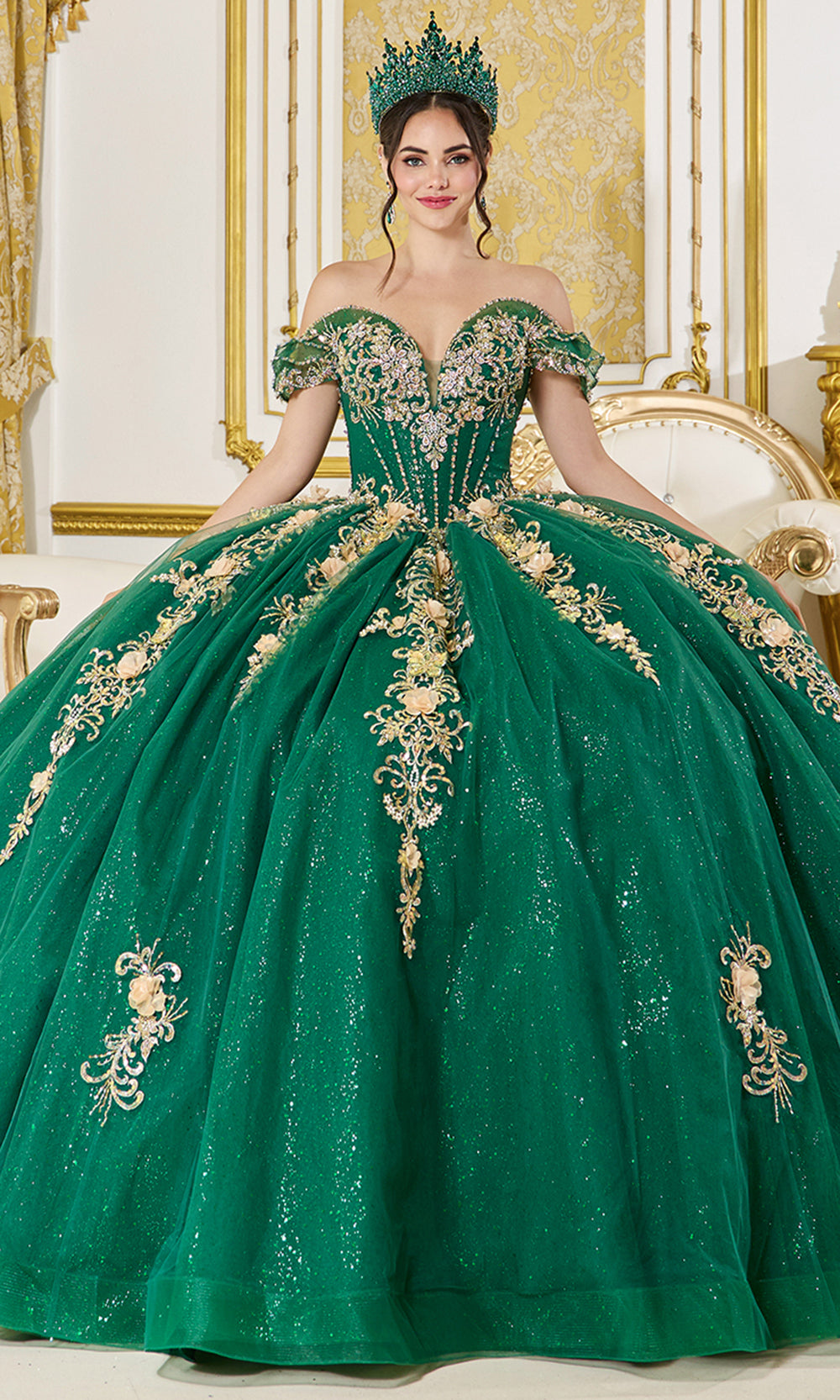 Dancing Queen 5060 - Glitter Tulle Gilded Applique Ballgown Quinceanera Dresses