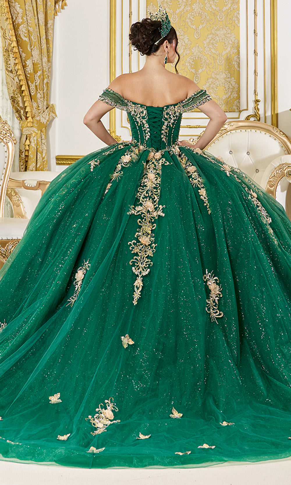 Dancing Queen 5060 - Glitter Tulle Gilded Applique Ballgown Quinceanera Dresses