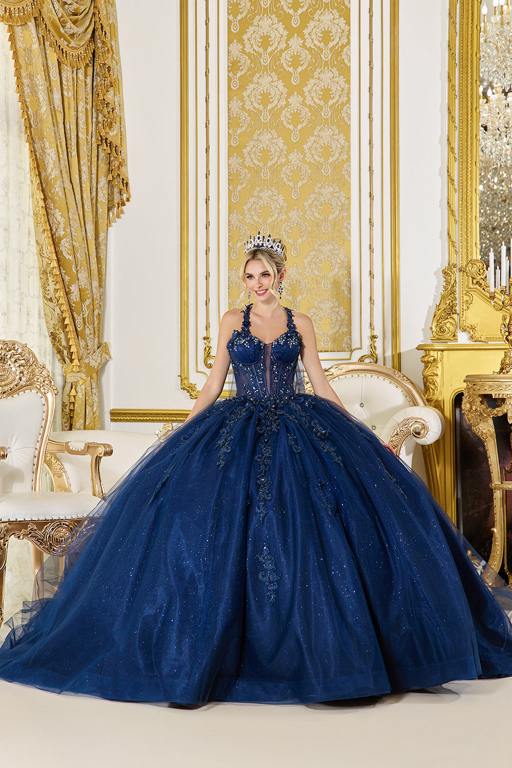 Dancing Queen 5061 - Halter Corset Glitter Ballgown In Blue