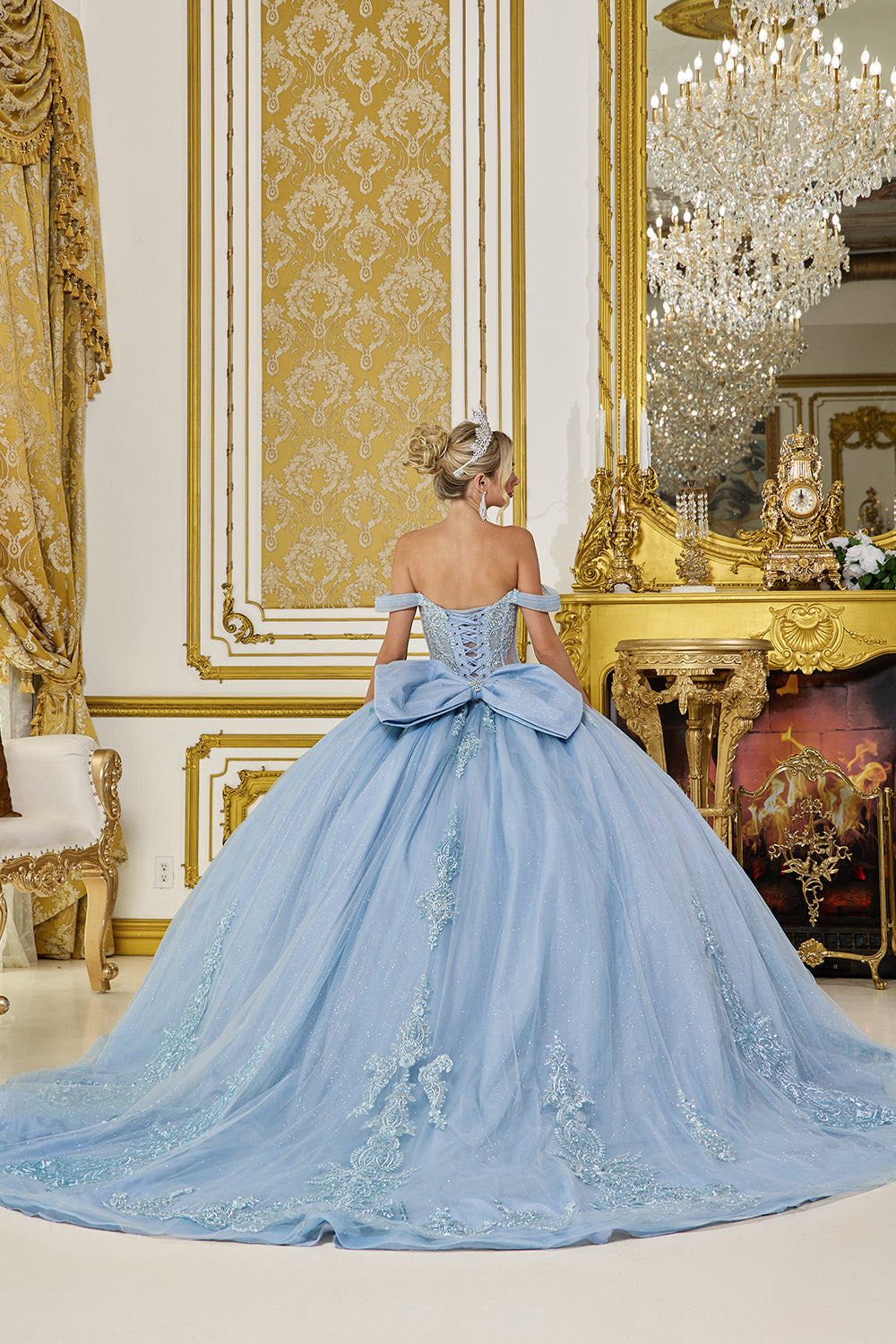 Dancing Queen 5063 - Embroidered Lace Glitter Tulle Ballgown In Blue