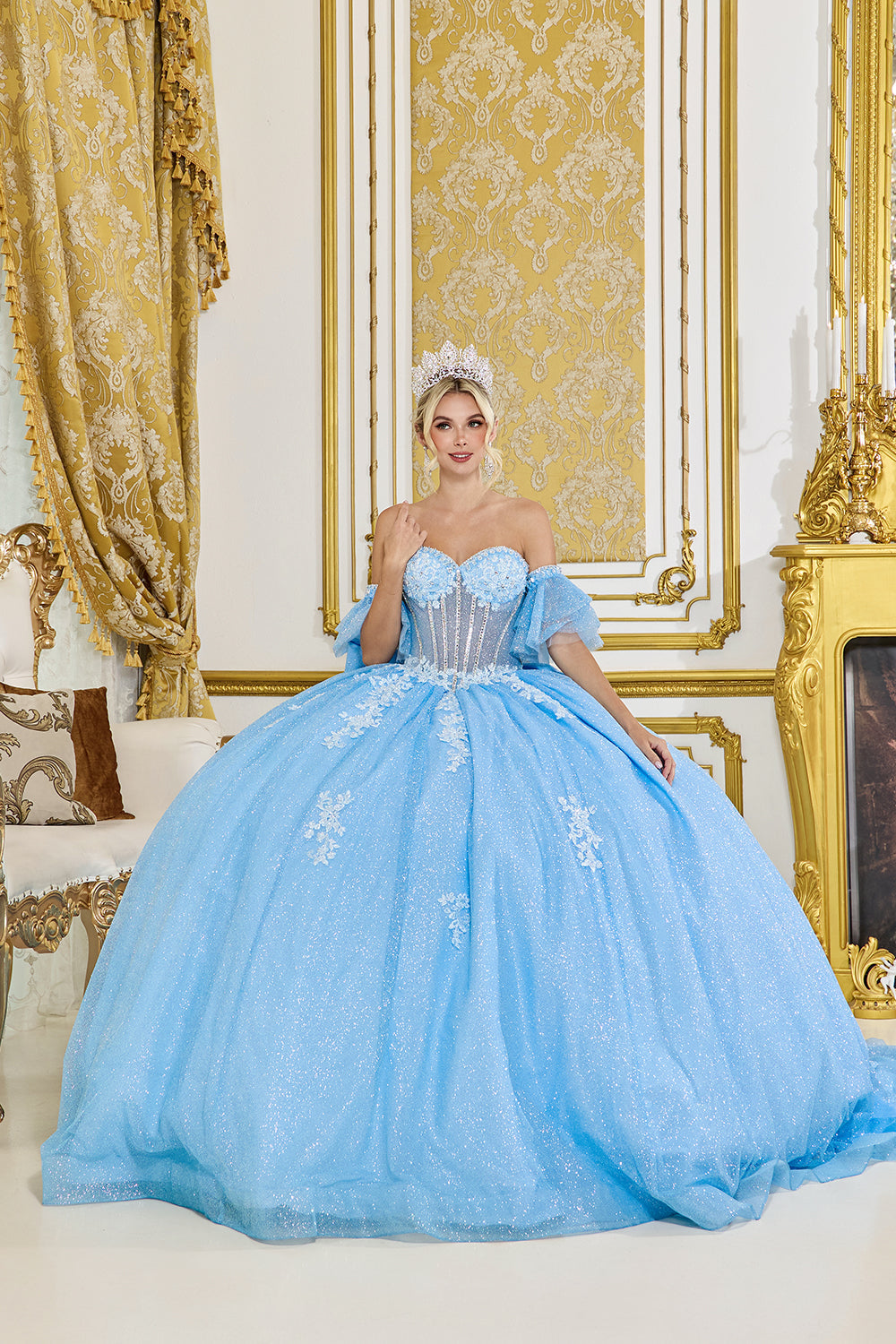 Dancing Queen 5064 - Off-Shoulder Sweetheart Glitter Ballgown In Blue