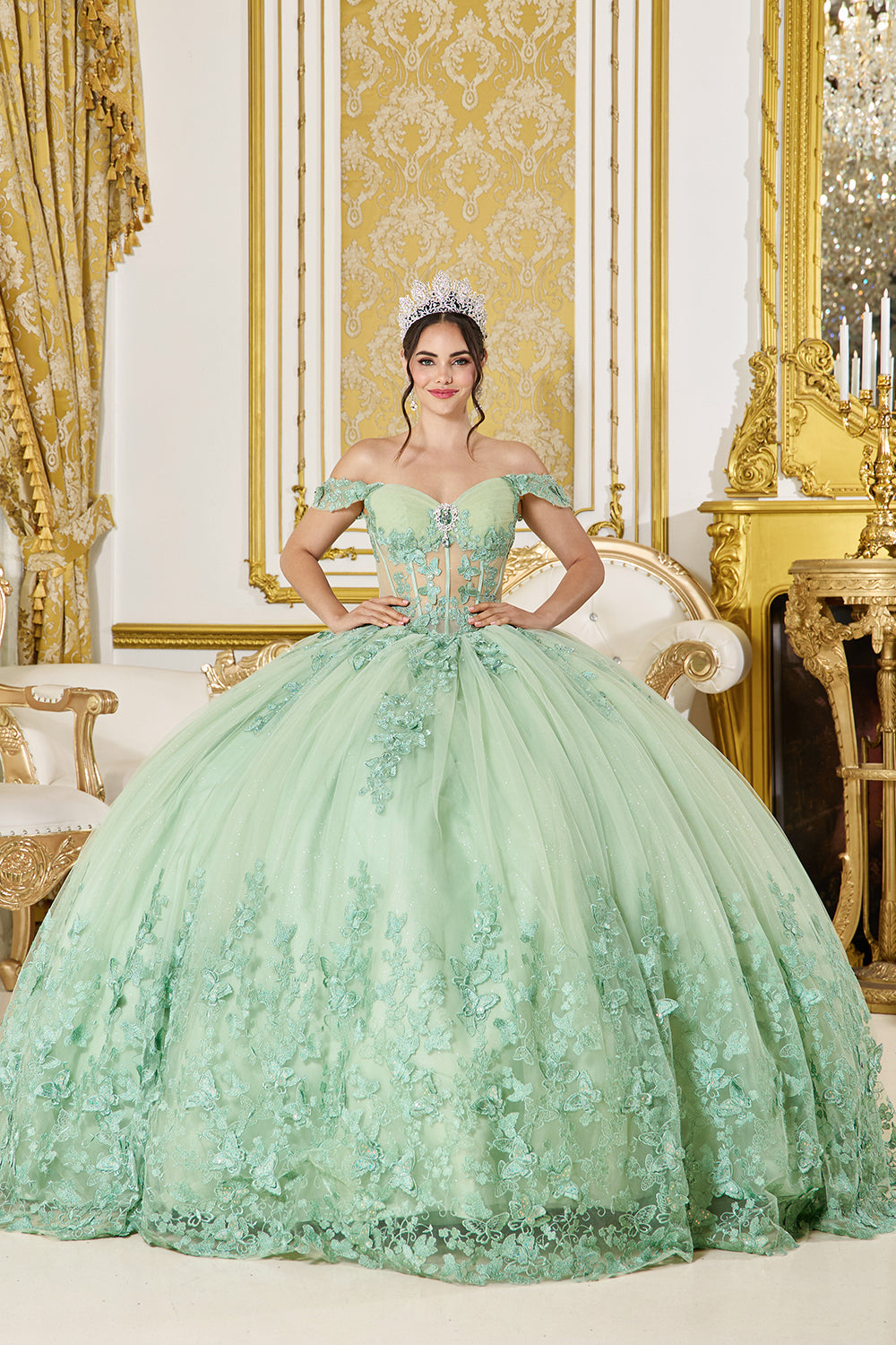 Dancing Queen 5065 - Butterfly & Floral Glitter Ballgown In Green