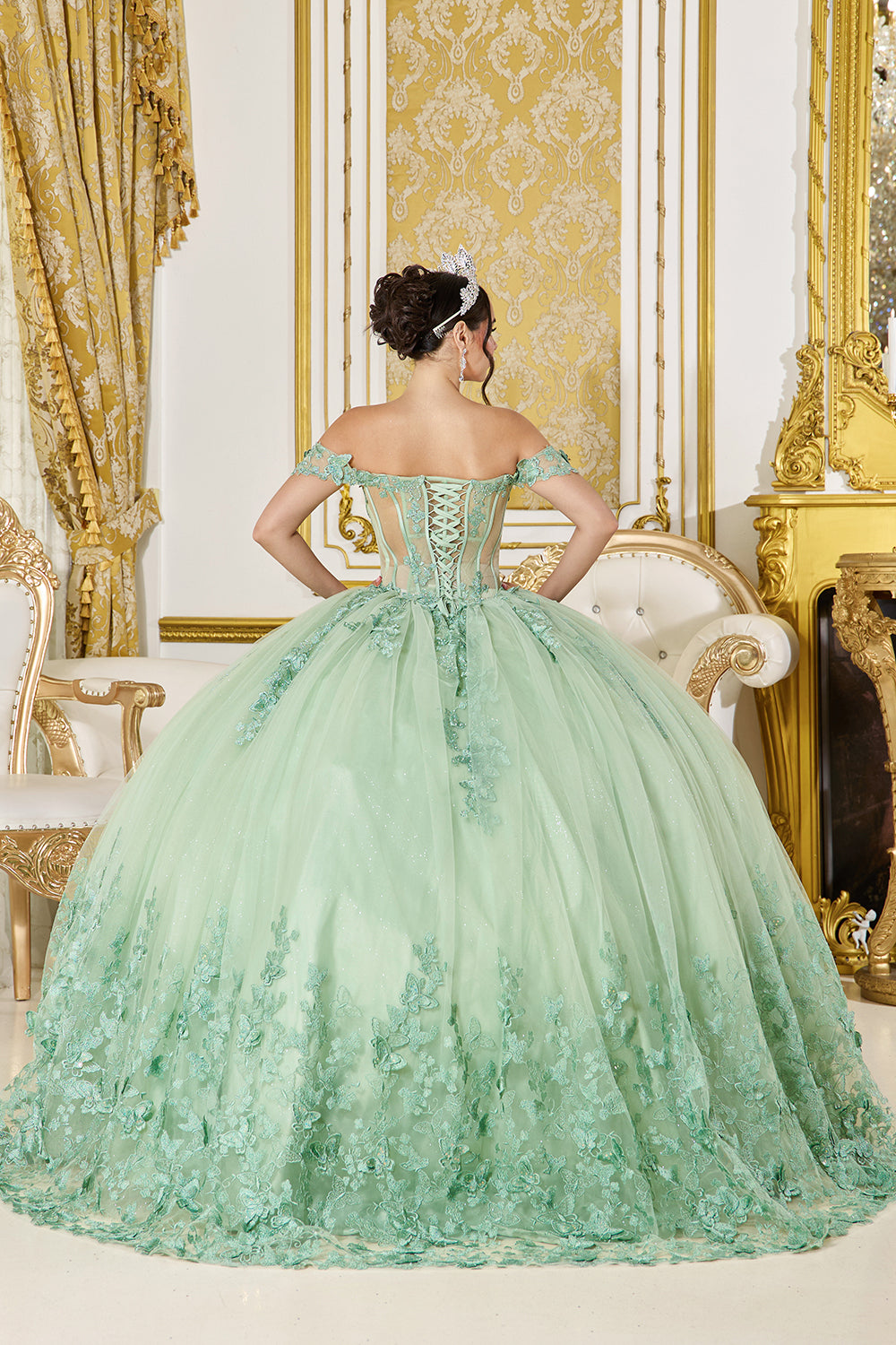 Dancing Queen 5065 - Butterfly & Floral Glitter Ballgown In Green
