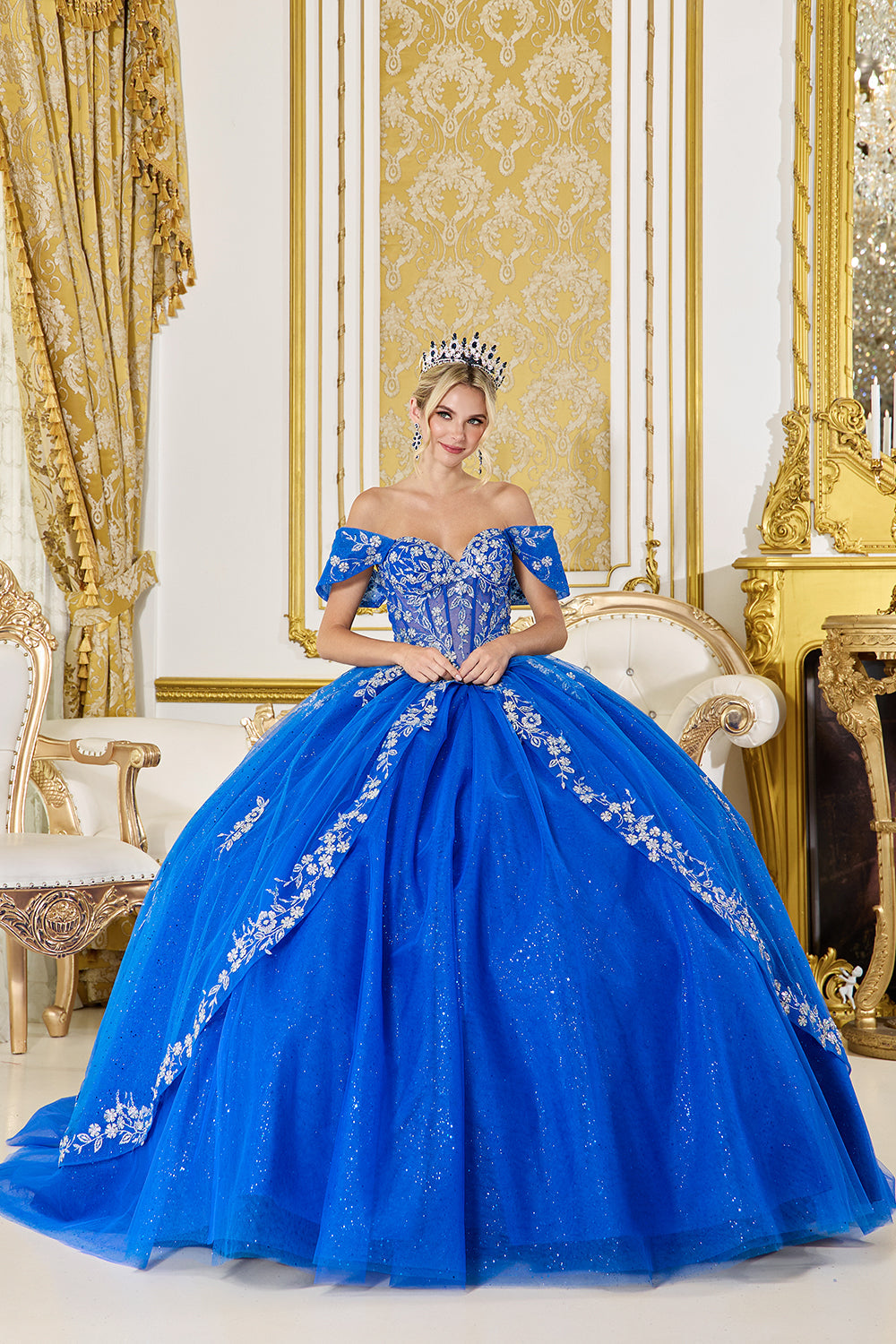 Dancing Queen 5066 - Off?Shoulder Floral Embroidered Ballgown In Blue