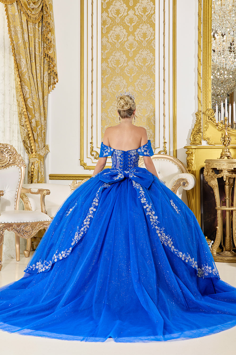 Dancing Queen 5066 - Off?Shoulder Floral Embroidered Ballgown In Blue